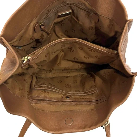 Tory Burch Amanda Classic Pebbled Leather Tote Bag Tan Brown Gold Logo - Picture 6 of 11